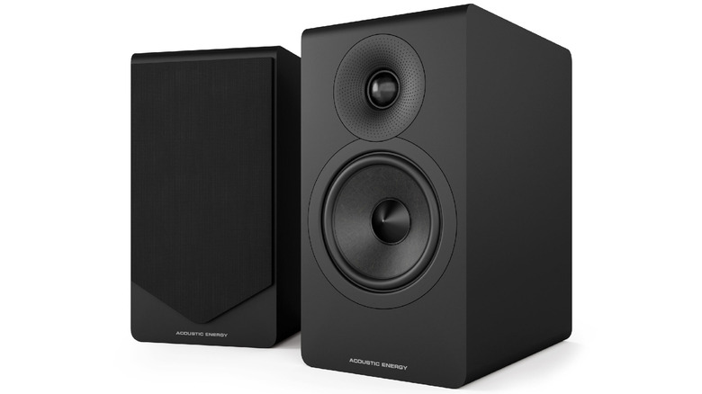 The black Acoustic Energy AE300 Mk2 speakers on a white background