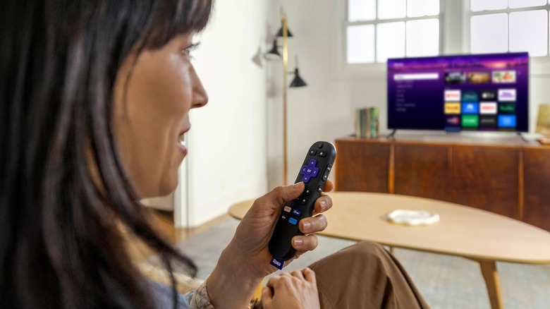 A person holding the Roku Streaming Stick Plus remote, with a blurred television screen showing various apps in the background