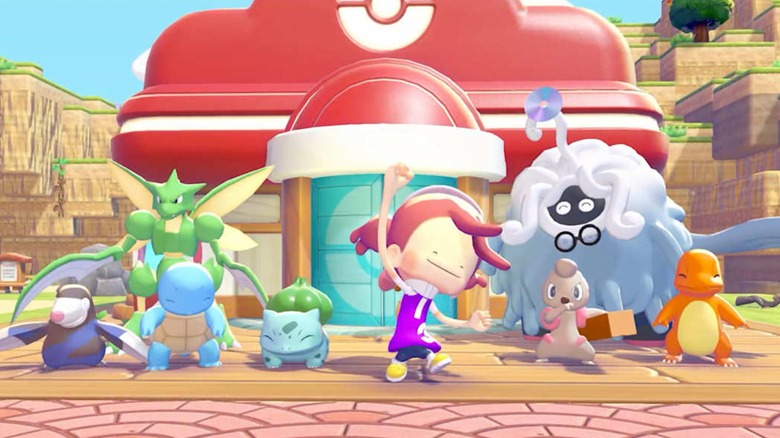 Player character Ditto and Pokemon cheering outside a Pokemon Center in Pokemon Pokopia