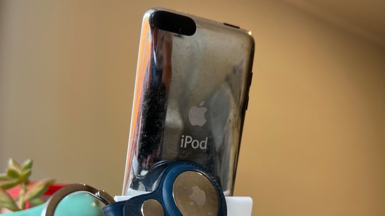In the frame, the back of an iPod touch, an AirTag, and a small plant