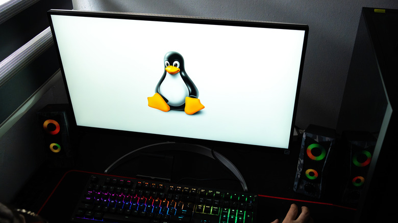 Gaming PC with the Linux penguin mascot displayed against a white background on the monitor