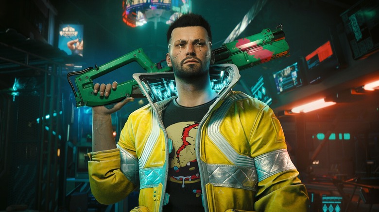 V walking with a shotgun in Cyberpunk 2077
