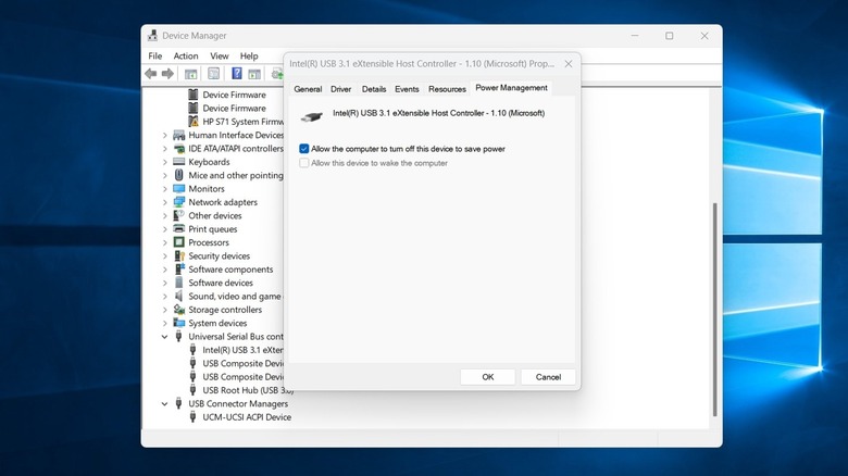 The Power Management tab of a USB port in the Windows Device Manager dialog