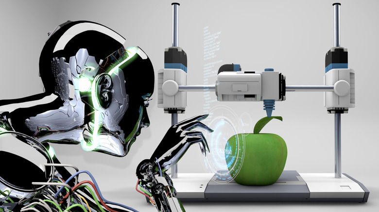 Robot manipulates futuristic 3D printer printing an apple