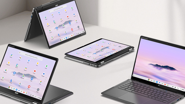 The Acer Chromebook Plus Spin 514 in its four potential configurations.