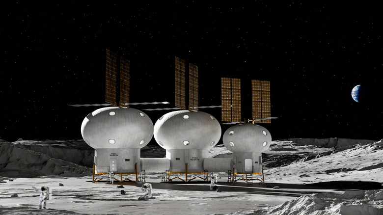 Astronauts explore lunar surface in front of a massive lunar structure with three bulbs and solar panels, the Earth just visible in the background.