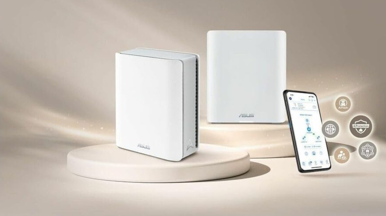 The Asus ZenWiFi BT8 (2-Pack) and Asus Router app opened on a smartphone.