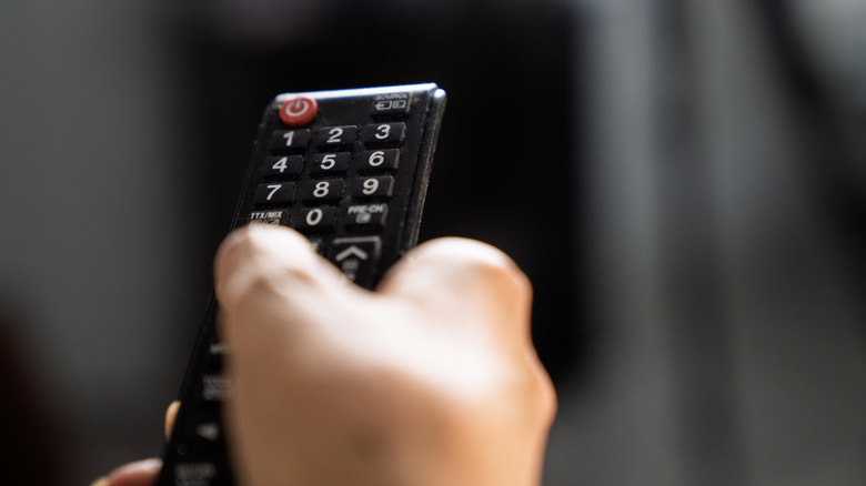 A person holding a TV remote.