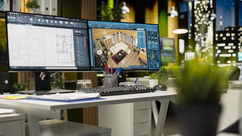 Two computer monitors side by side in an office