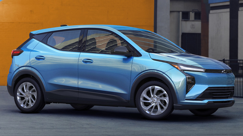 Blue Chevy Bolt front 3/4