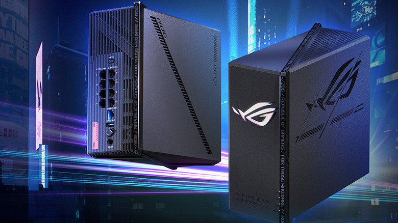 A product render of the front and back sides of the Asus ROG Strix GS-BE12000 router.