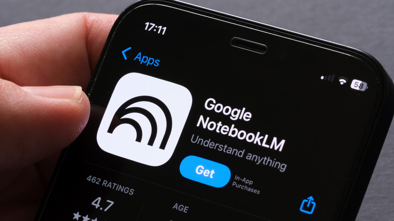 close-up of notebookLM app store page on smartphone