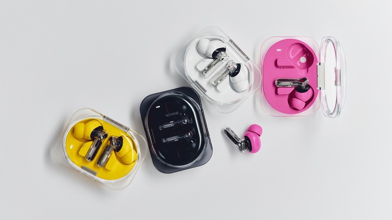 Four pairs of Nothing Ear (3a) earbuds in different colors