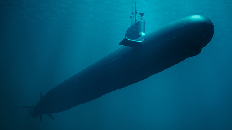 A nuclear submarine moving underwater