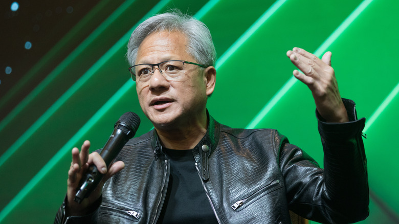 Jensen Huang in front of a stylized green background