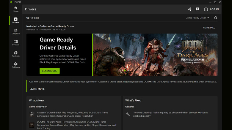 A screenshot of the Drivers tab in the Nvidia app.
