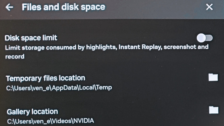 A screenshot of the Files and disk space options for temporary and gallery file locations in the Nvidia overlay