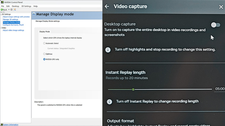Screenshots of the Manage Display mode tab showcasing the "Nvidia GPU only" option, which in turn activates Desktop capture inside the Nvidia overlay Video capture settings