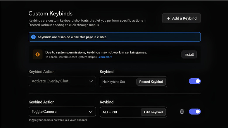 A screenshot of Discord's Custom Keybinds settings.