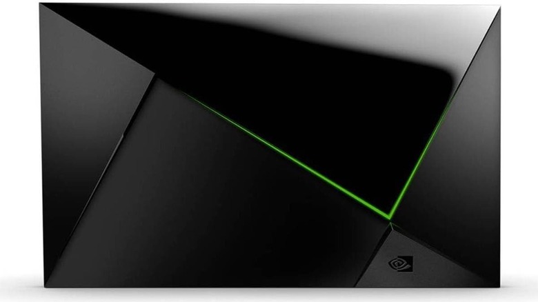 Shield TV Pro on white background showing top of device and green LED light