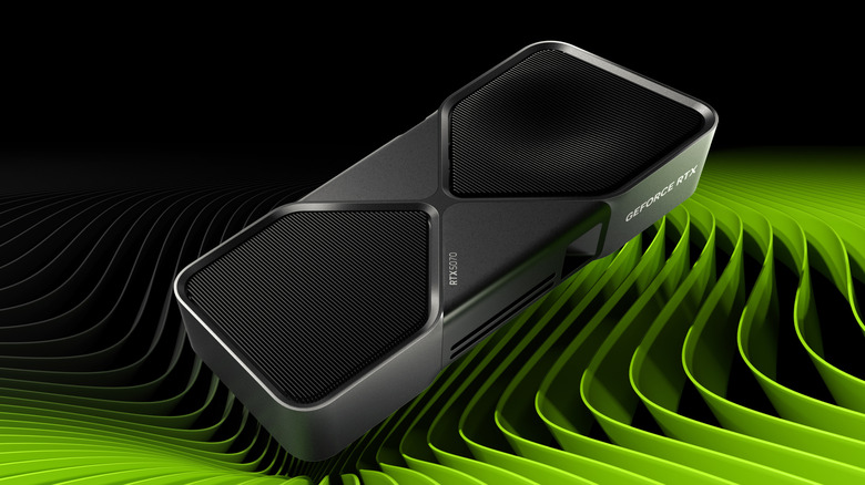 Nvidia RTX 5070 graphics card floating over a stylized green background.