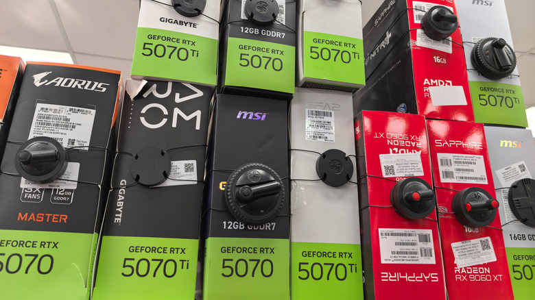 Nvidia and AMD graphics cards on sale in a retail store