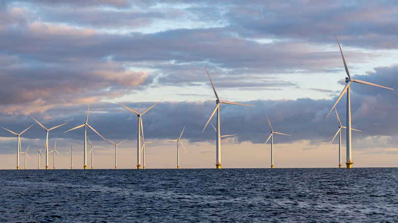 offshore wind farm, turbines swinging in the wind