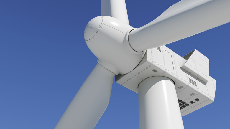 Close view of a wind turbine.