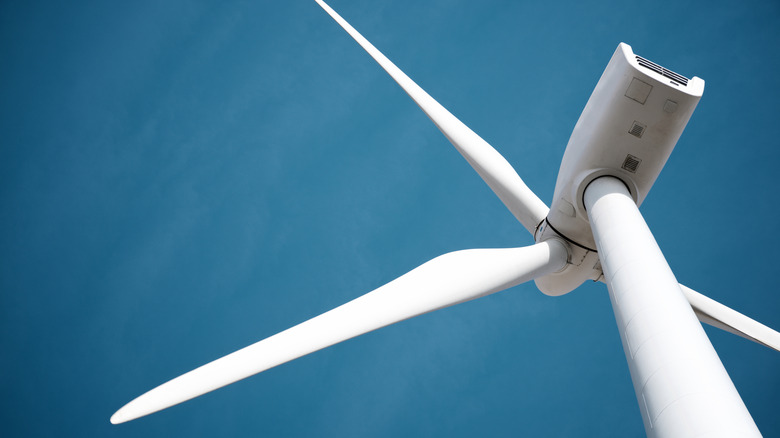 Closeup view of a wind turbine.