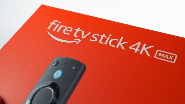 Close up of Amazon Fire TV Stick 4K Max logo on box.
