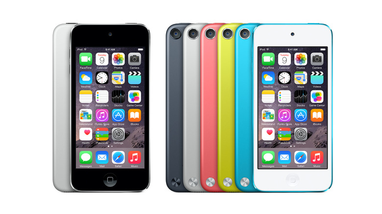 A number of 5th Generation iPod touch music players in various colors