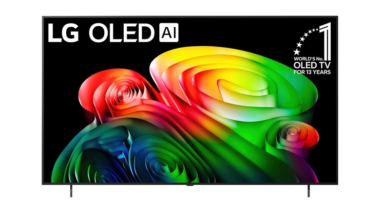 close-up LG 77-inch OLED TV on white background