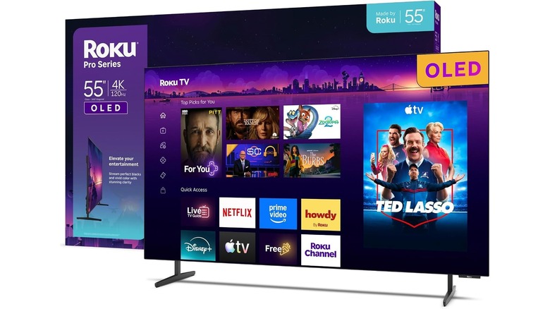 close-up Roku 55-inch OLED TV on white background