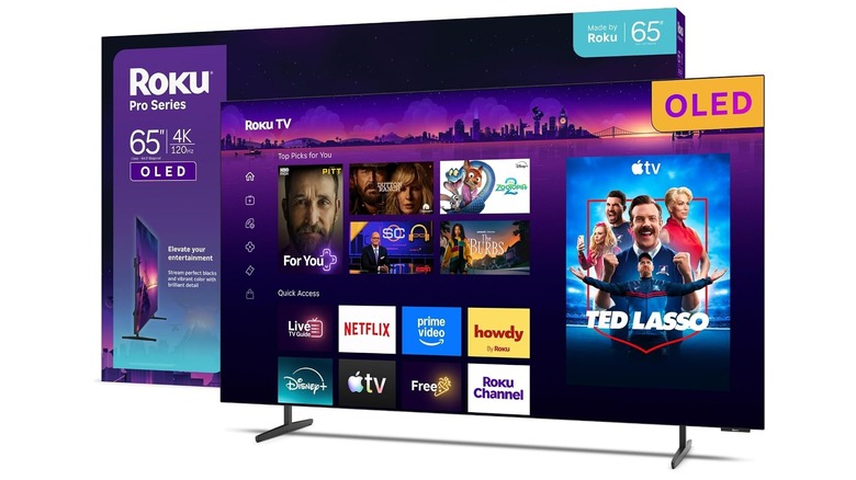 close-up Roku 65-inch OLED TV on white background