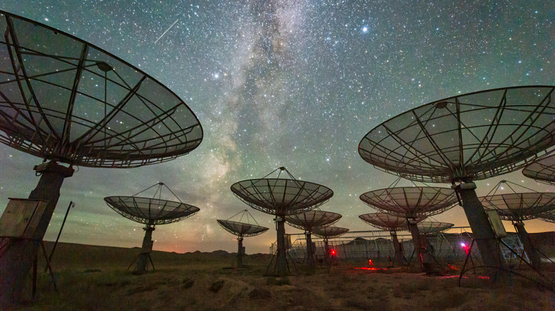 array of satellite antennae at night