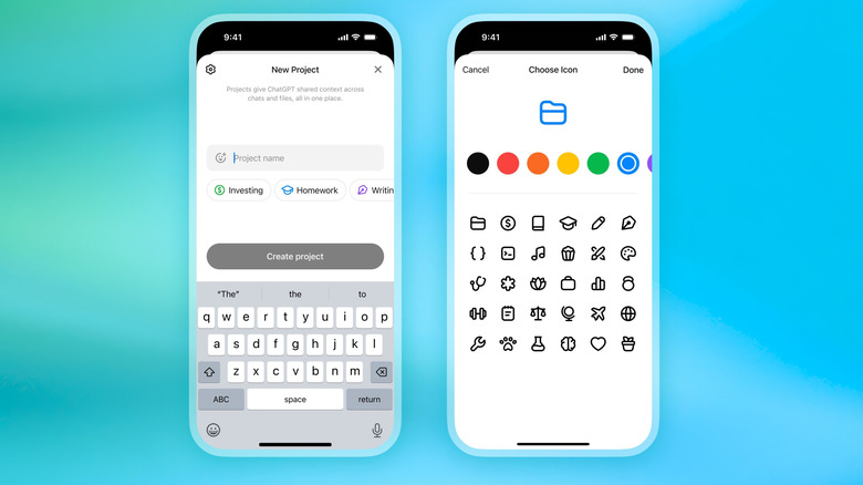 ChatGPT projects showing in ChatGPT app on smartphone