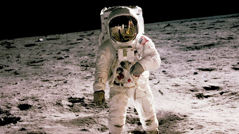 A photo of astronaut Buzz Aldrin on the Moon during the Apollo 11 landing.
