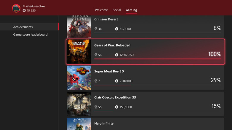 The updated achievement list interface on Xbox