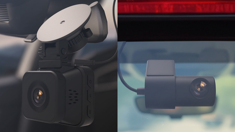 A collage of pictures showing Onn 1080p Dash Cam Front and Rear set installed inside a car