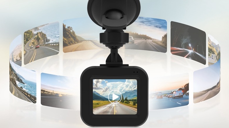 An illustration showing the Onn 1080p Dash Cam with a collage of scenes in the background