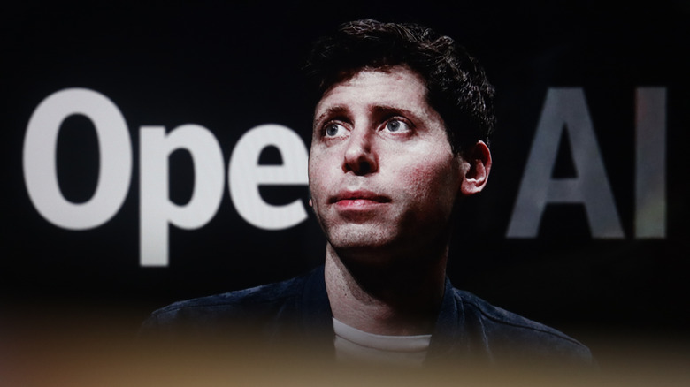 sam altman standing in front of open AI background, looking into distance