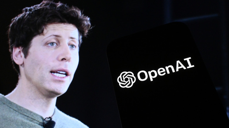 Sam Altman, CEO of OpenAI, stands next to the OpenAI logo on a black background