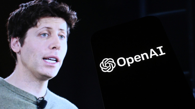 OpenAI logo on black background with Sam Altman next to it