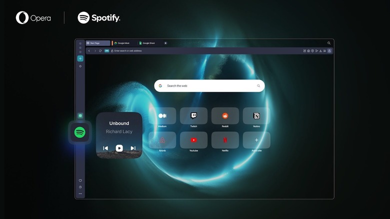 Spotify music player highlighted in the Opera One browser