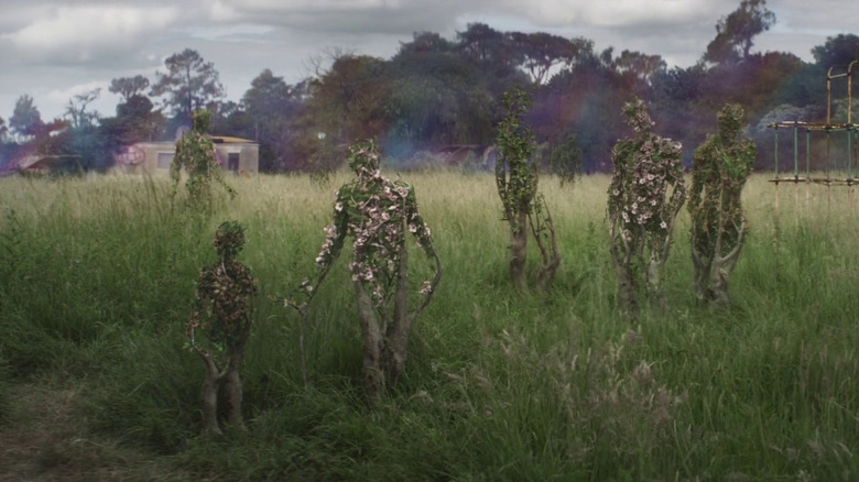 Mutating, people-like plants in a field