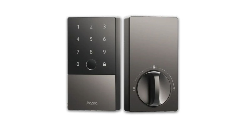 Aqara smart lock with touchscreen keypad, fingerprint reader, and interior thumb turn.
