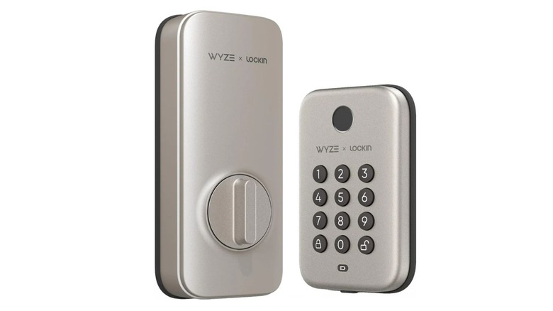 Wyze smart lock with fingerprint reader, numeric keypad, and interior thumb turn.