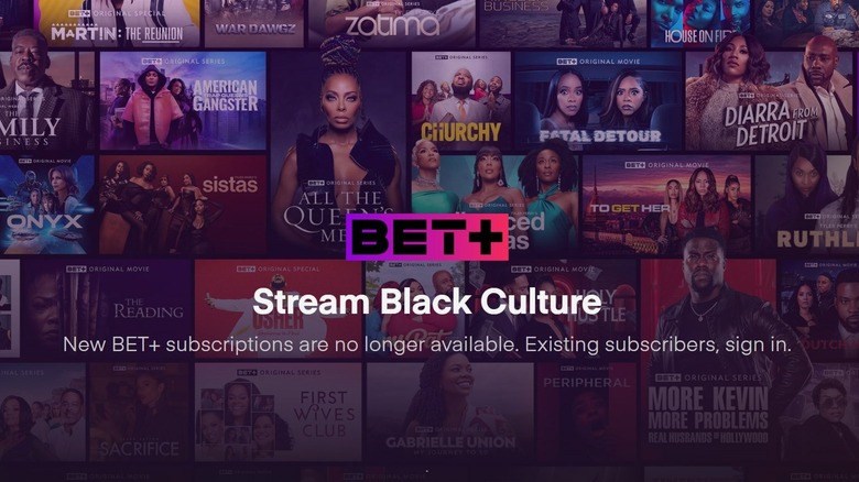 BET+ home screen on website sharing that no new subscriptions are available