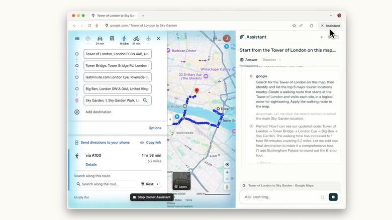 Perplexity's comet browser in use finding directions to the Tower of London