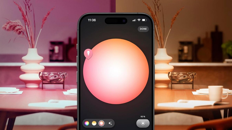 A smartphone with the Philips Hue opened to a lighting customization screen.